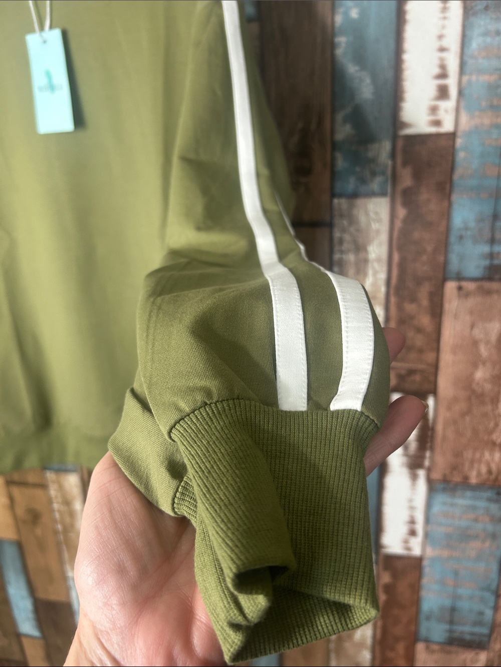 Army green white striped sleeve oversized sweatshirt - Picture 9 of 12